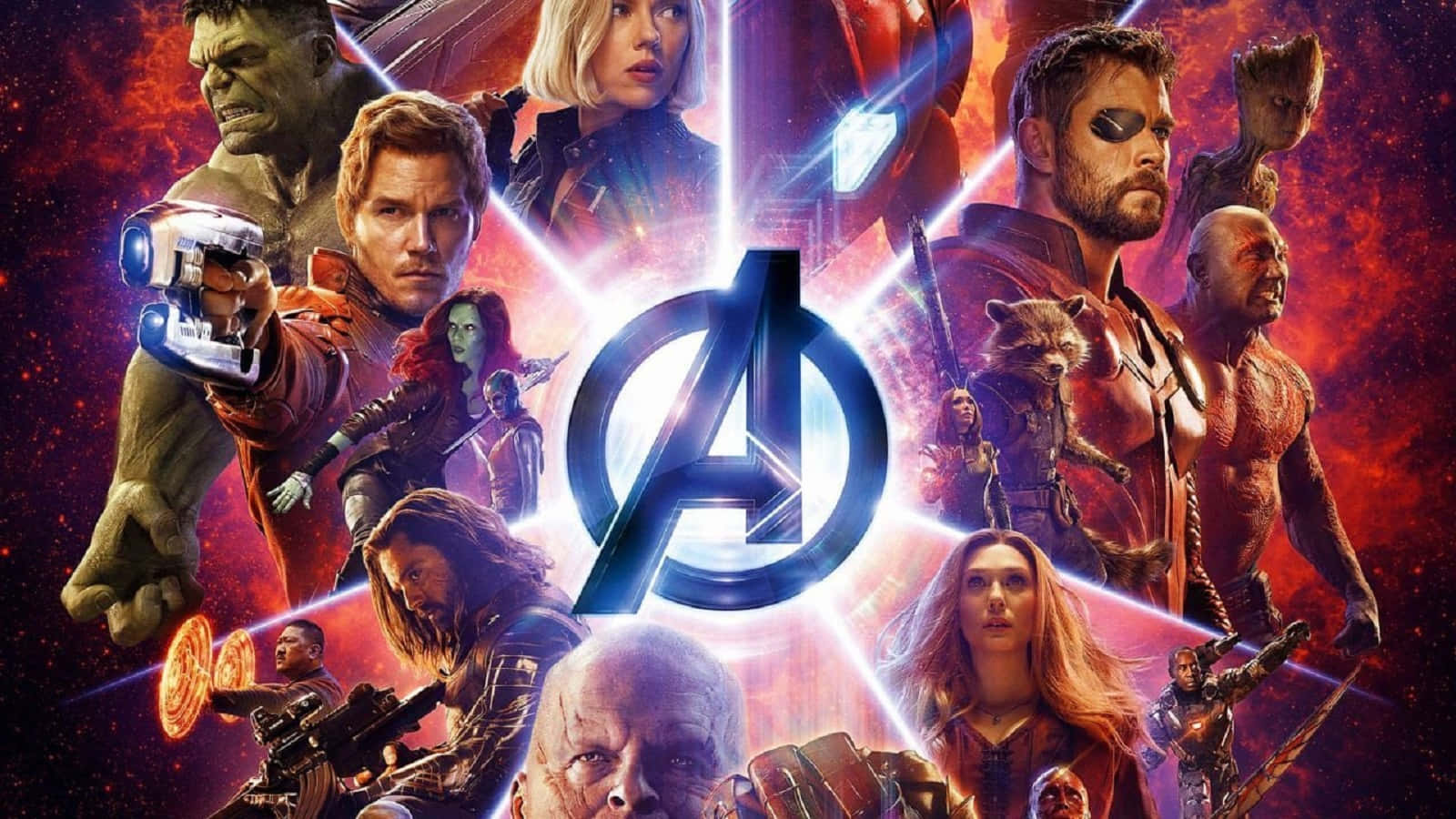 復仇者聯盟聯手對抗 Thanos 壁紙 — 一幅充滿活力的宇宙拼貼畫，描繪復仇者聯盟的英雄和反派圍繞著發光的復仇者聯盟標誌，背景是熾熱的星雲。