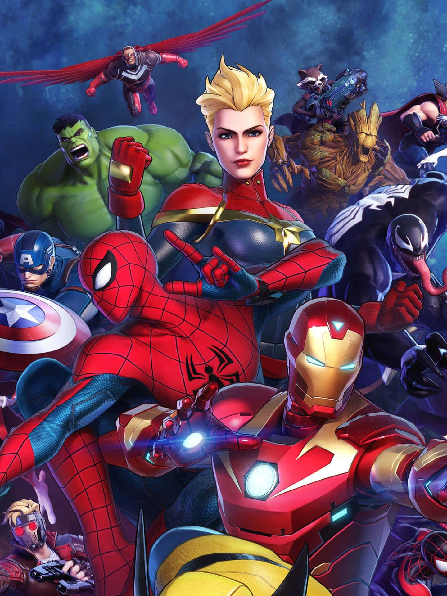 Marvel超級英雄在宇宙背景下擺出動態姿勢。