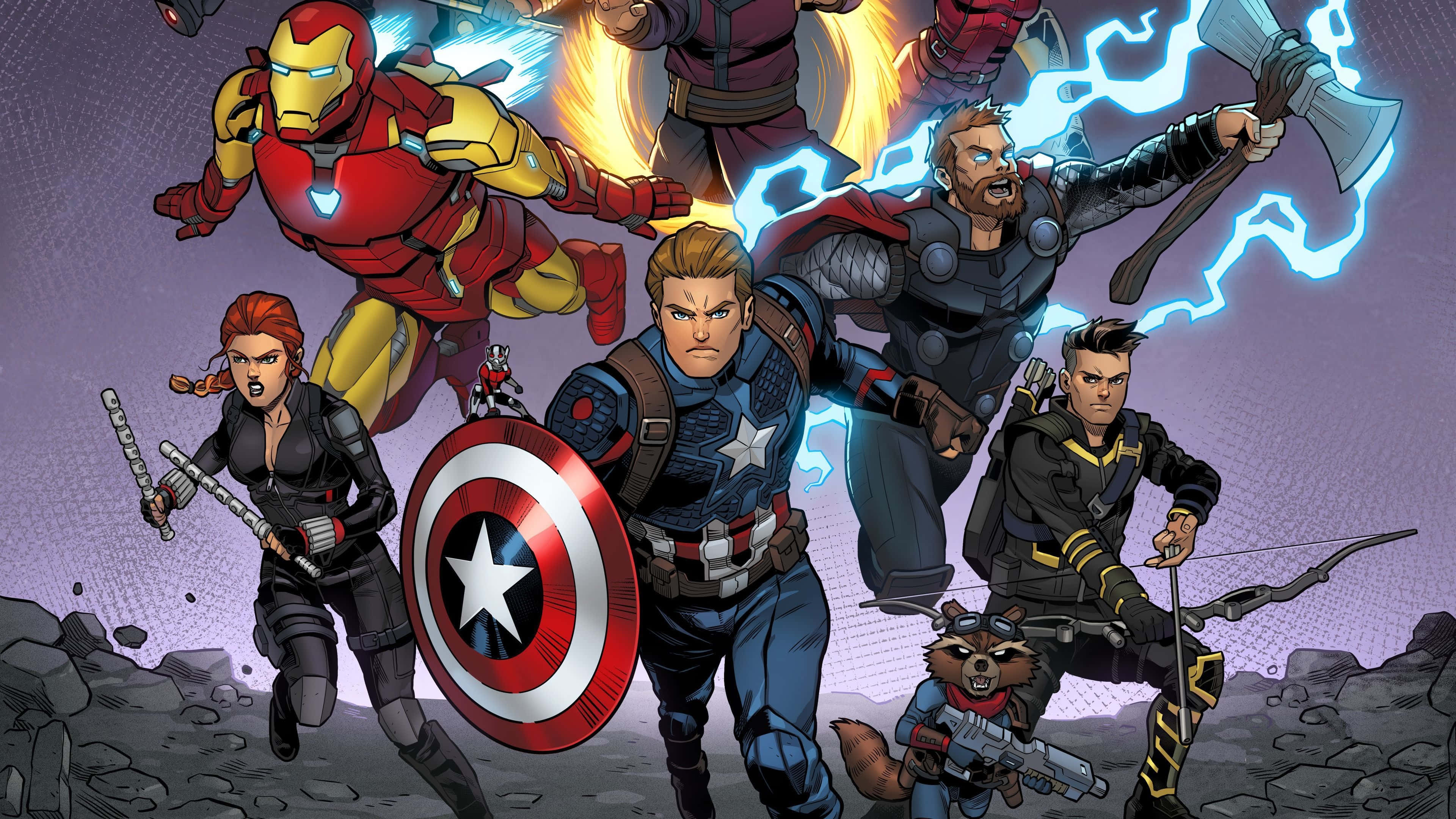 Earth's Mightiest Heroes 桌布 壁紙 — 復仇者聯盟英雄以動感動作姿勢，手持發光武器和盾牌，背景是破碎的岩石。