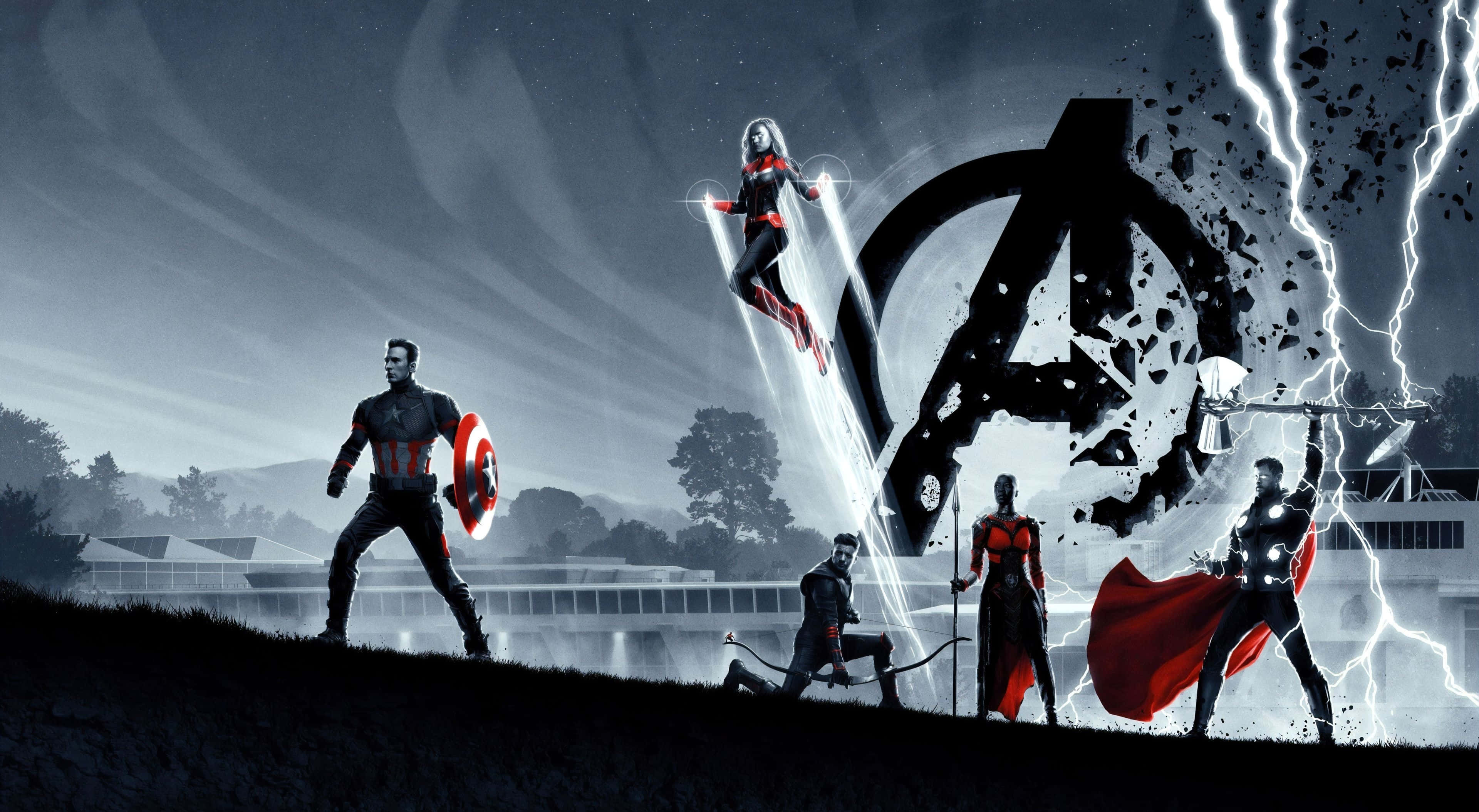 4K Marvel 壁紙 桌布 壁紙 — 復仇者聯盟英雄們 defiantly 站在山丘上，閃電擊中破碎的團隊標誌周圍，背景是暴風雨的天空。