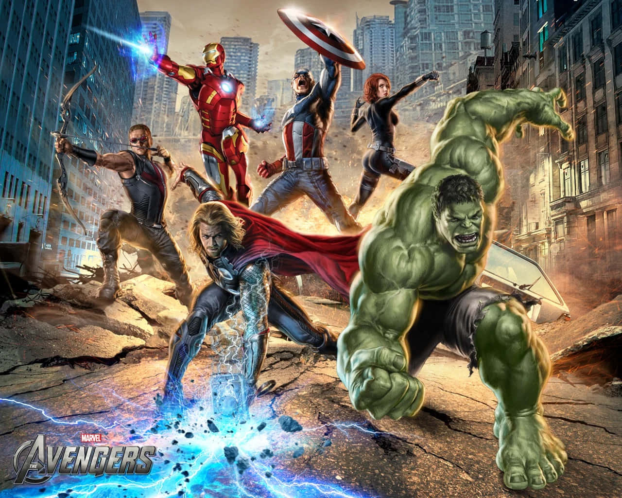 Super Team 桌布 壁紙 — 復仇者聯盟英雄在破碎的城市景觀中戰鬥，變形俠醫向前衝鋒，鐵甲奇俠發射能量衝擊波。