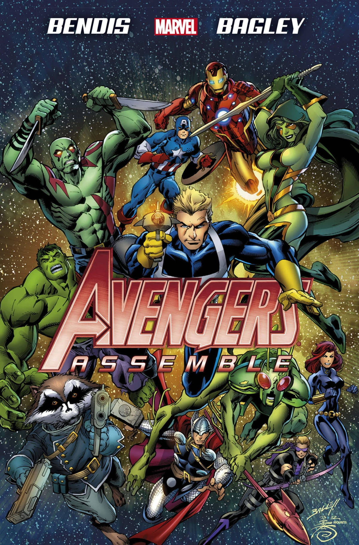 復仇者聯盟英雄漫畫 壁紙 — Marvel Avengers 以動感姿勢聚集在星光宇宙背景下，帶有粗體紅色標題。