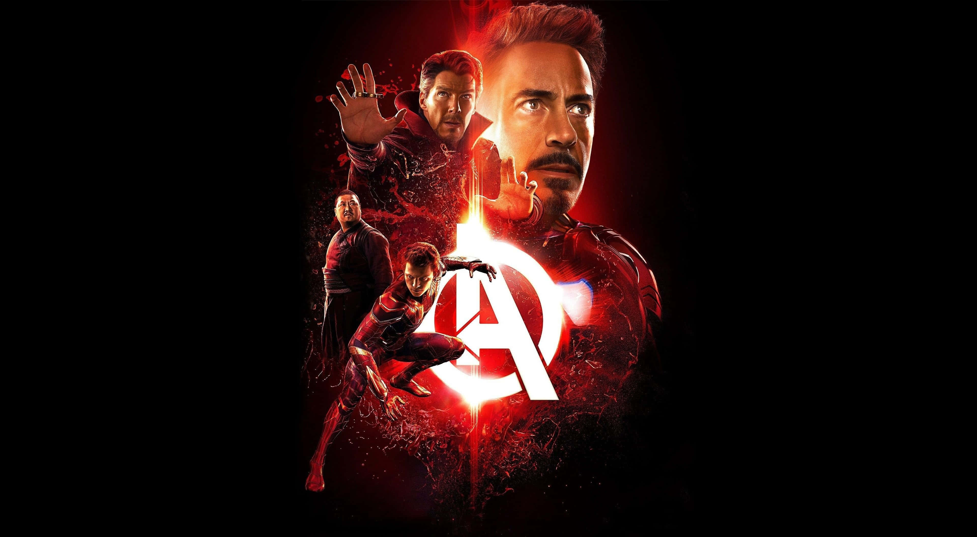 4K Marvel 壁紙 桌布 壁紙 — 復仇者聯盟角色在黑色背景上圍繞著發光的白色「A」標誌發出紅色能量。