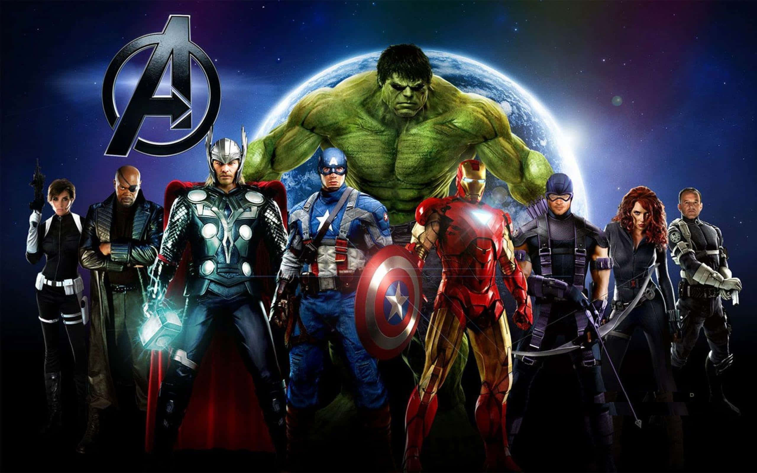 Earth's Mightiest Heroes 桌布 壁紙 — 復仇者聯盟超級英雄團隊在地球背後，以宇宙為背景英勇地站立。