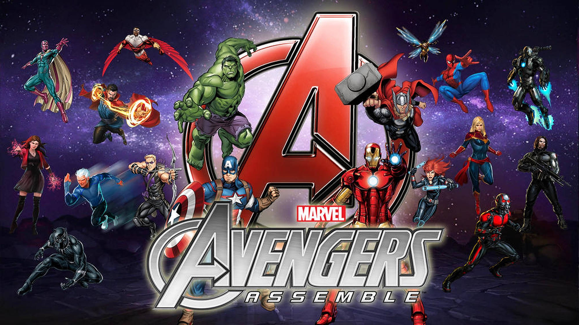 復仇者聯盟銀河藝術 壁紙 — Marvel Avengers 以動感姿態集結於宇宙星空背景，標誌性的紅色A標誌在舞台中央發光。