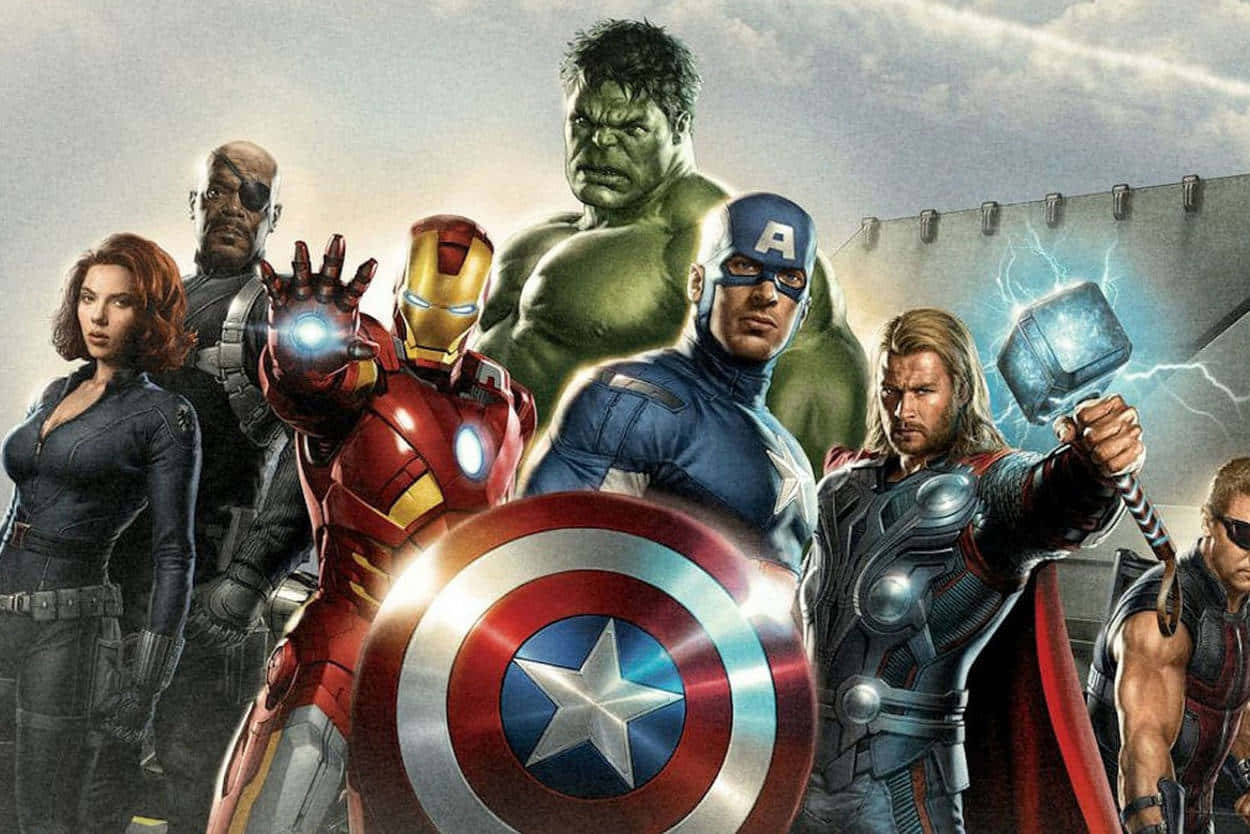 Marvel復仇者聯盟團隊手持武器和盾牌，英勇地擺出姿勢。