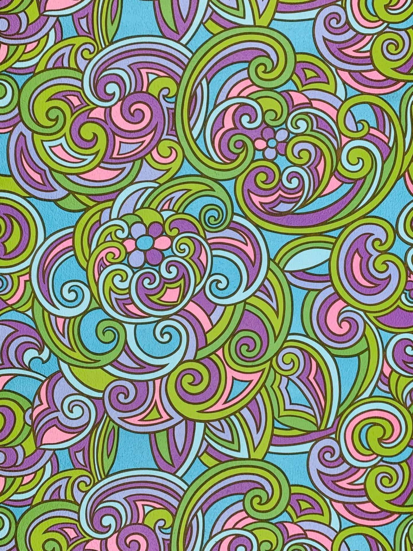 青綠色背景上帶有旋轉綠色、粉紅色和藍色形狀的迷幻花卉圖案。