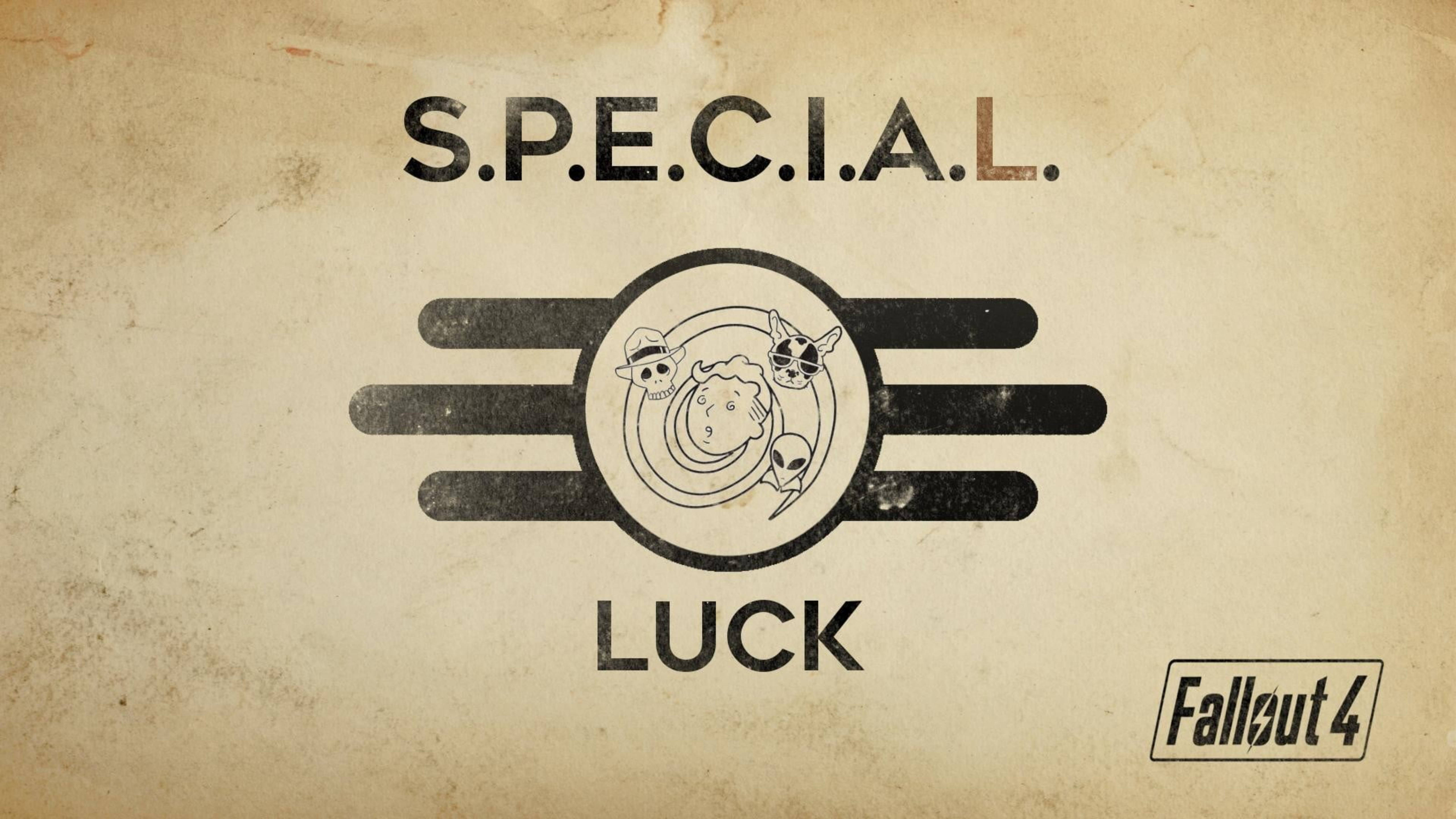 Fallout 4 桌布 壁紙 — 復古 Fallout 4 S.P.E.C.I.A.L. 運氣特長標誌，帶有骷髏、外星人和機械人面孔，印在陳舊羊皮紙上。