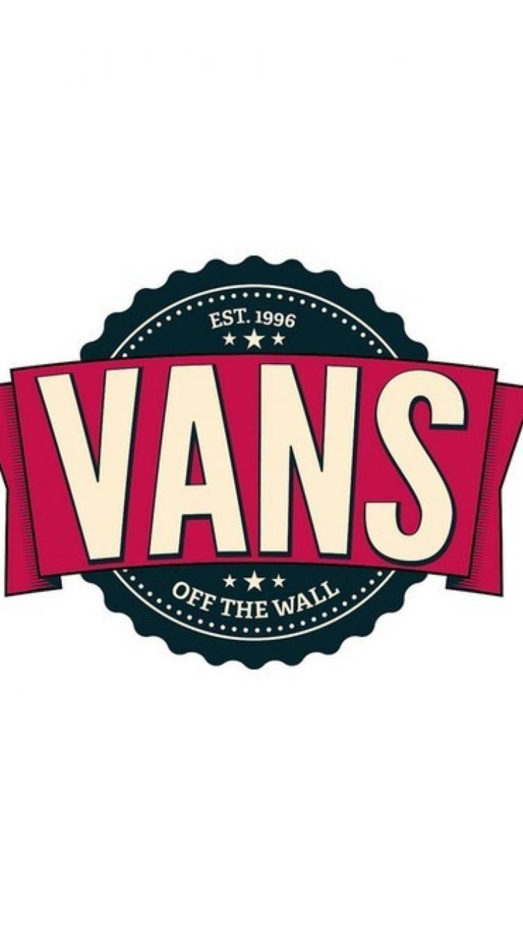 復古 Vans 標誌 壁紙 — 大膽復古Vans標誌，紅色絲帶和黑色印章在白色背景上。