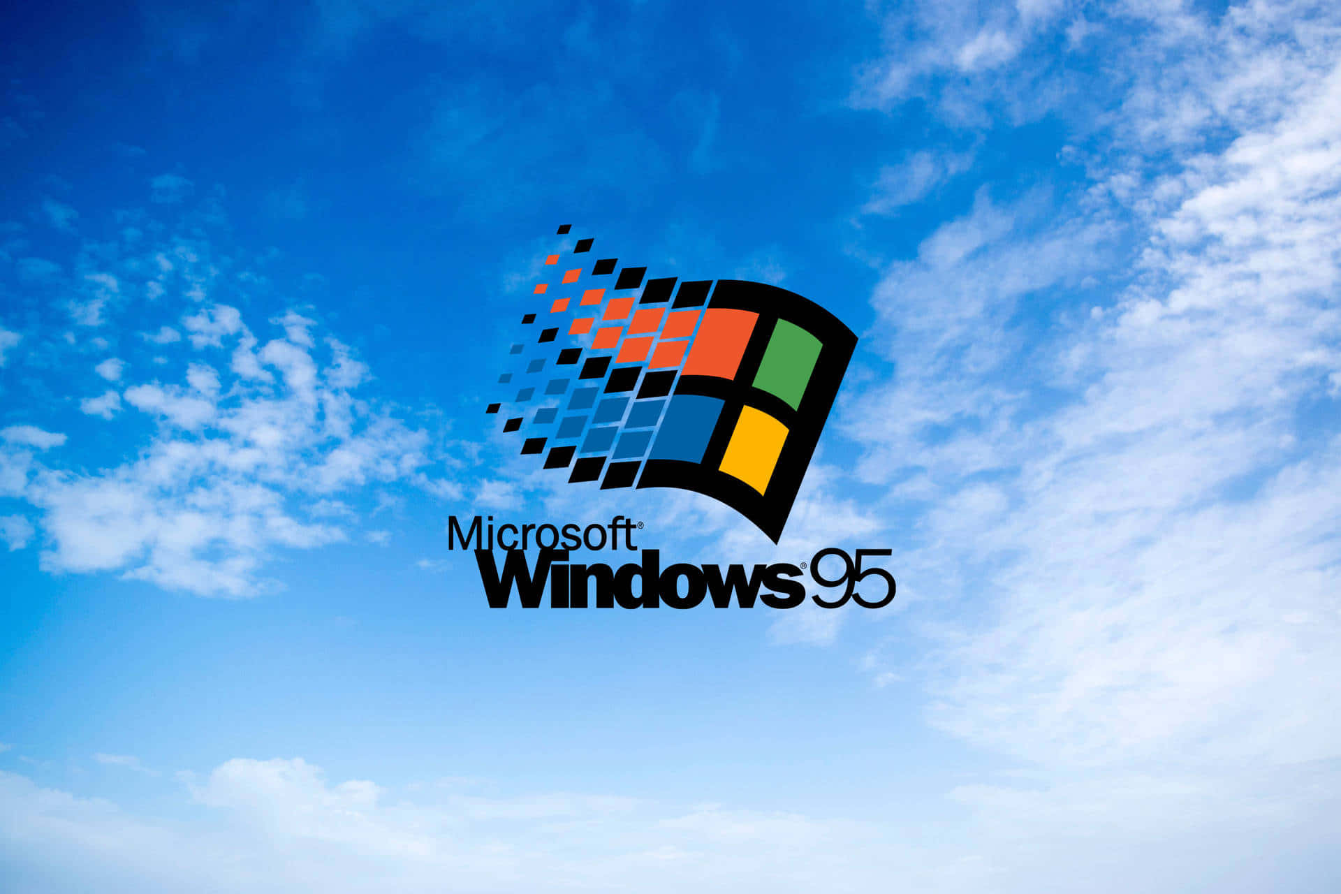 Windows 95 標誌，帶有像素化視窗圖形，背景為藍天白雲。