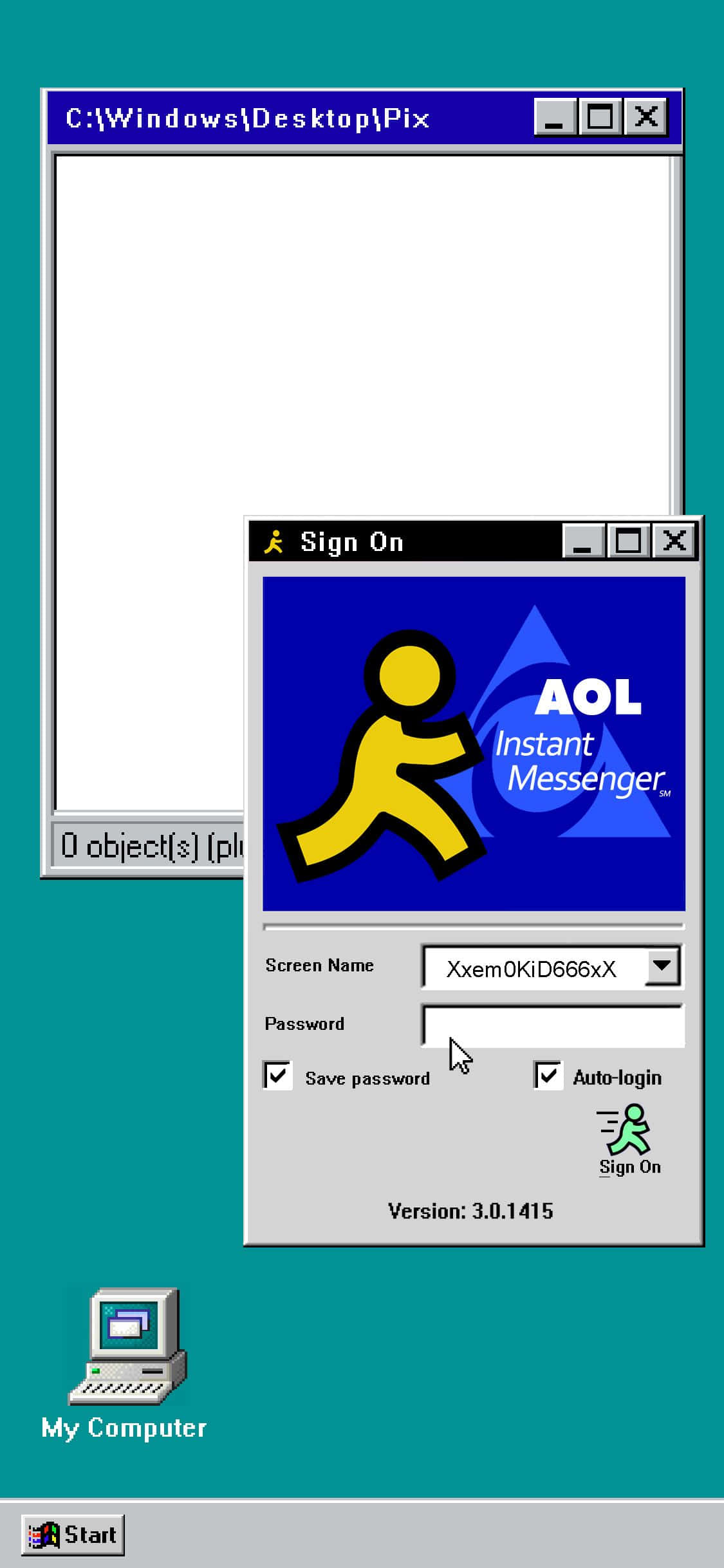 Windows 95 動態圖 桌布 壁紙 — 復古 Windows 桌面，AOL Instant Messenger 登入視窗在青綠色背景上開啟。