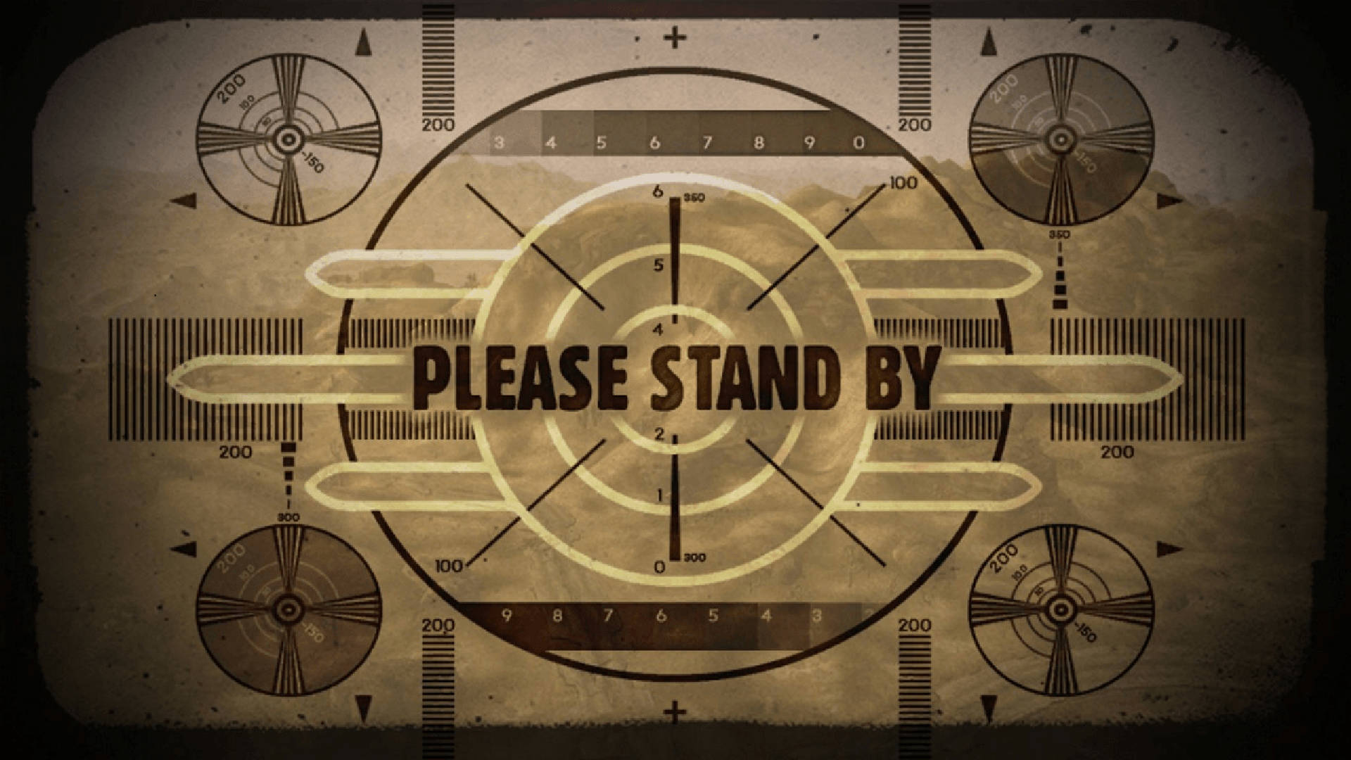 復古雷達顯示器，在舊化米色背景上顯示「PLEASE STAND BY」訊息。