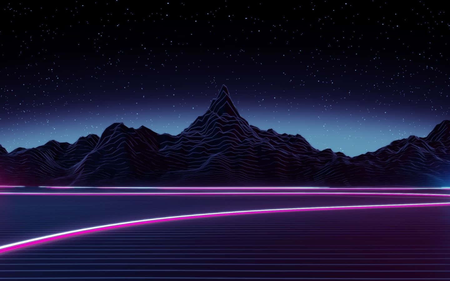 霓虹發光線條在星空下的數位山景中彎曲延伸。