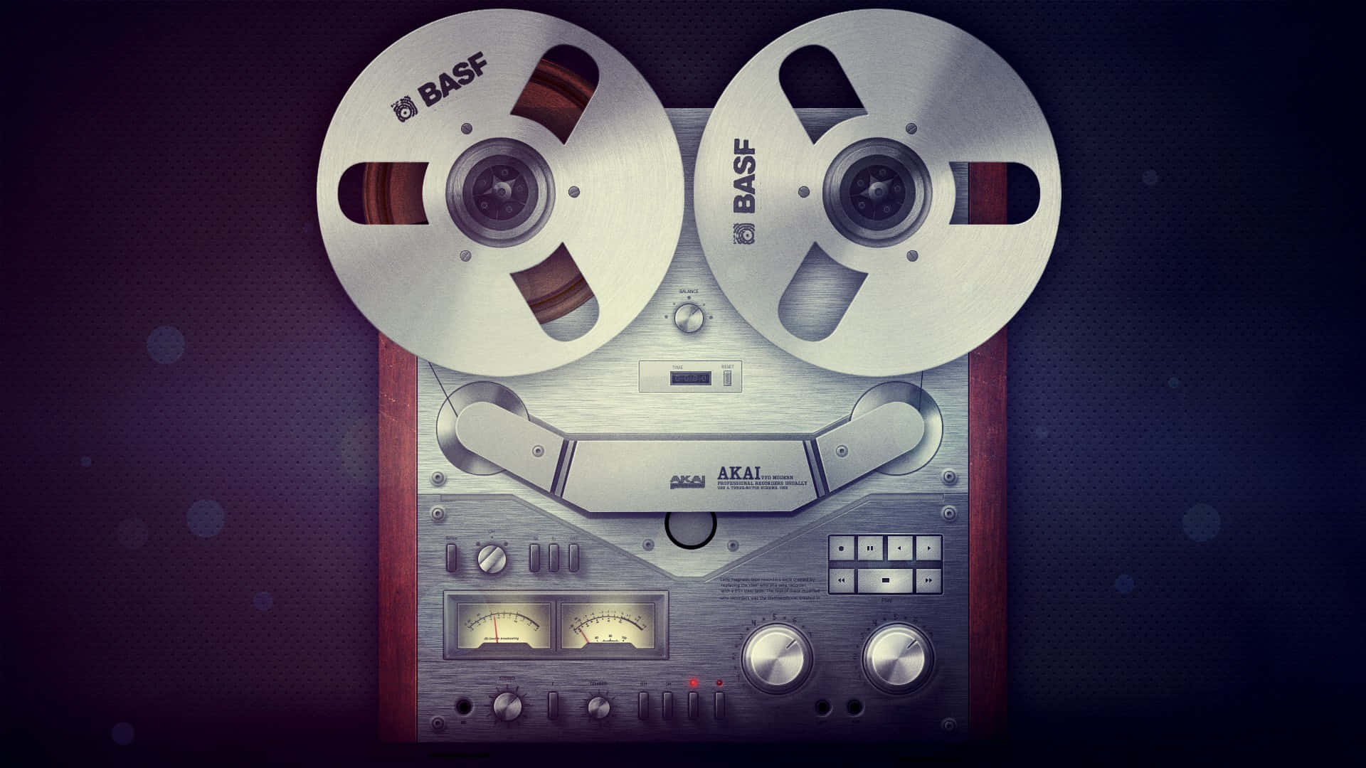 Beautiful Retro 桌布 壁紙 — 復古AKAI盤式錄音機，帶有BASF磁帶盤，在溫暖的儀表燈光下發光，背景為深色紋理。