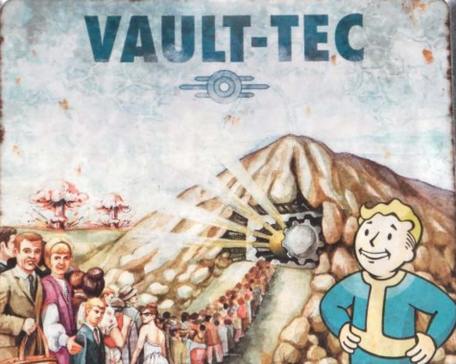 Vault-tec 桌布 壁紙 — 復古Fallout海報顯示Vault-Tec標誌位於山區避難所入口上方，微笑的Vault Boy和人群走向它。