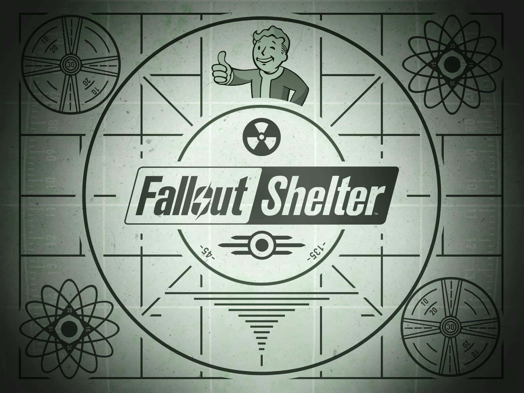 Fallout Shelter 桌布 壁紙 — 復古Fallout避難所標誌，Vault Boy豎起大拇指，周圍環繞原子符號和復古網格設計。