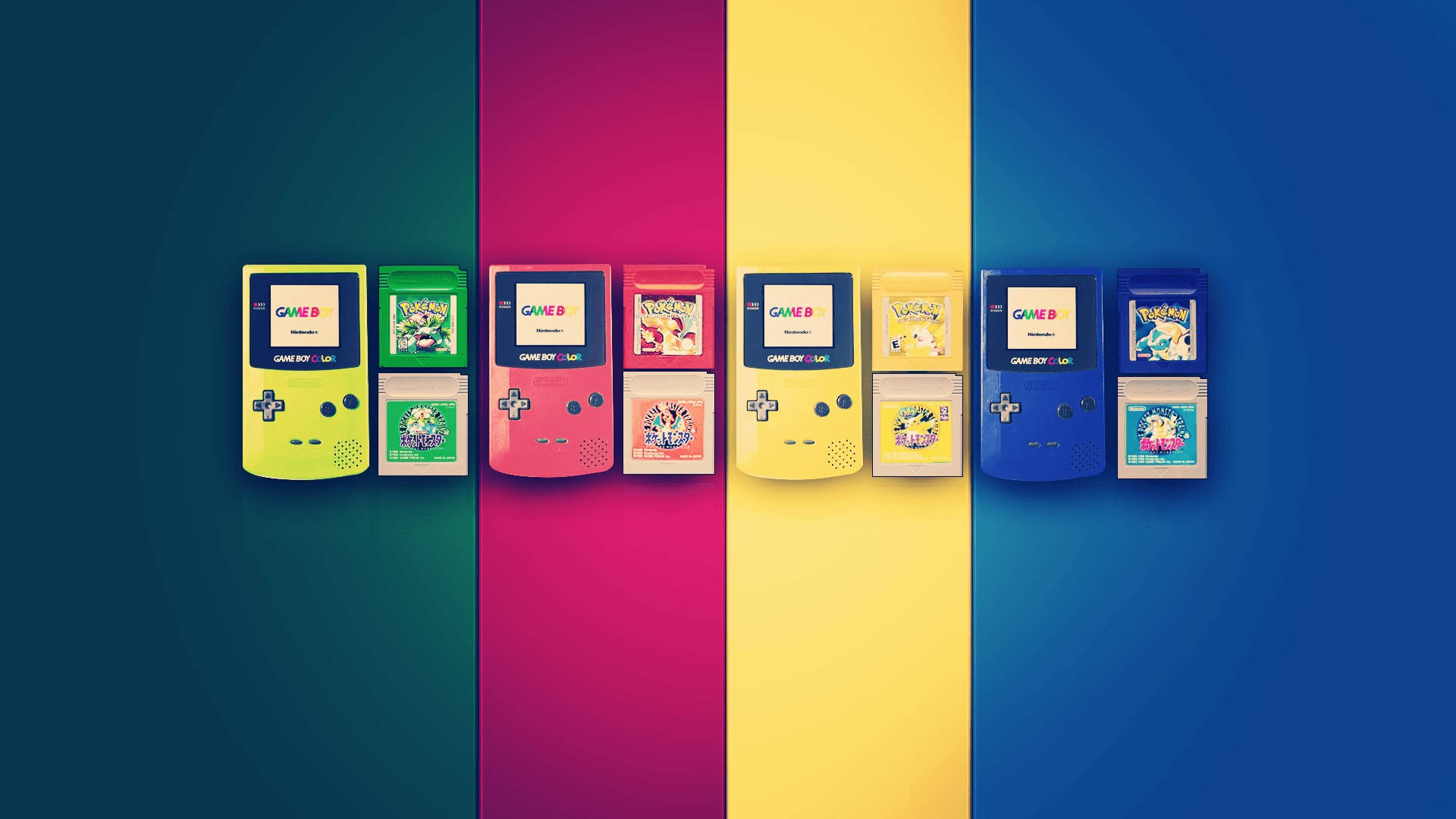 復古任天堂Game Boy Color與寶可夢 壁紙 — 六部色彩繽紛的Game Boy主機與寶可夢卡帶，排列在充滿活力的垂直彩虹條紋背景前。
