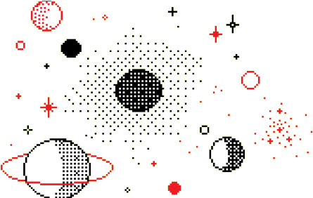 復古像素太空場景 壁紙 — 像素化太空場景，帶有復古行星、恆星和中央黑洞，背景為黑色。
