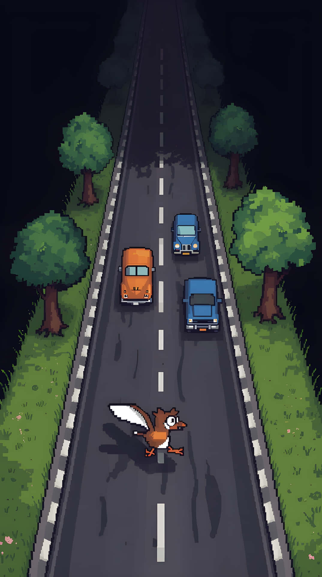 一隻像素化的鳥穿越黑暗的道路，三輛車從後面接近。