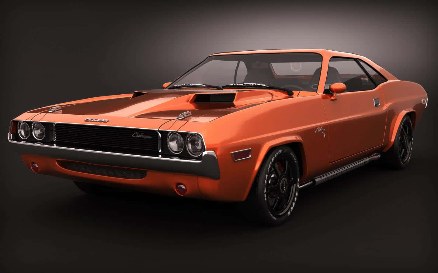 橙色經典 Dodge Challenger 肌肉車在工作室中，配備黑色輪圈和引擎蓋進氣口。