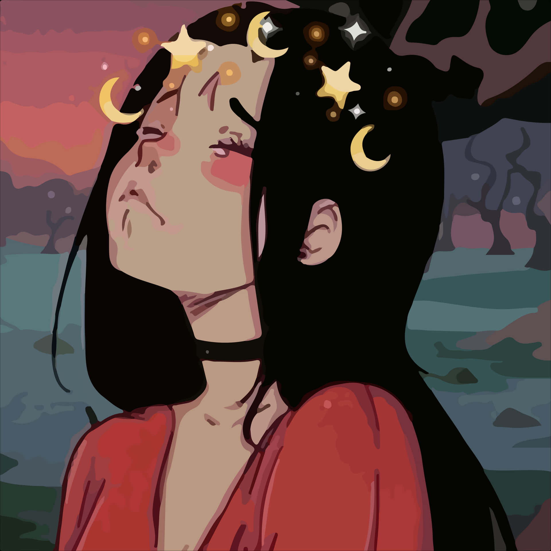 動漫女孩，頭髮上有星星和月亮，背景是暮色天空