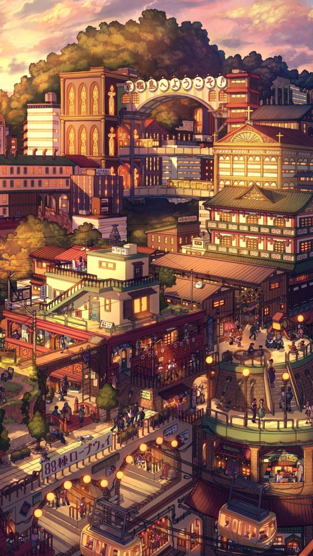 日落時的動漫城市，發光的燈籠和層疊的建築。
