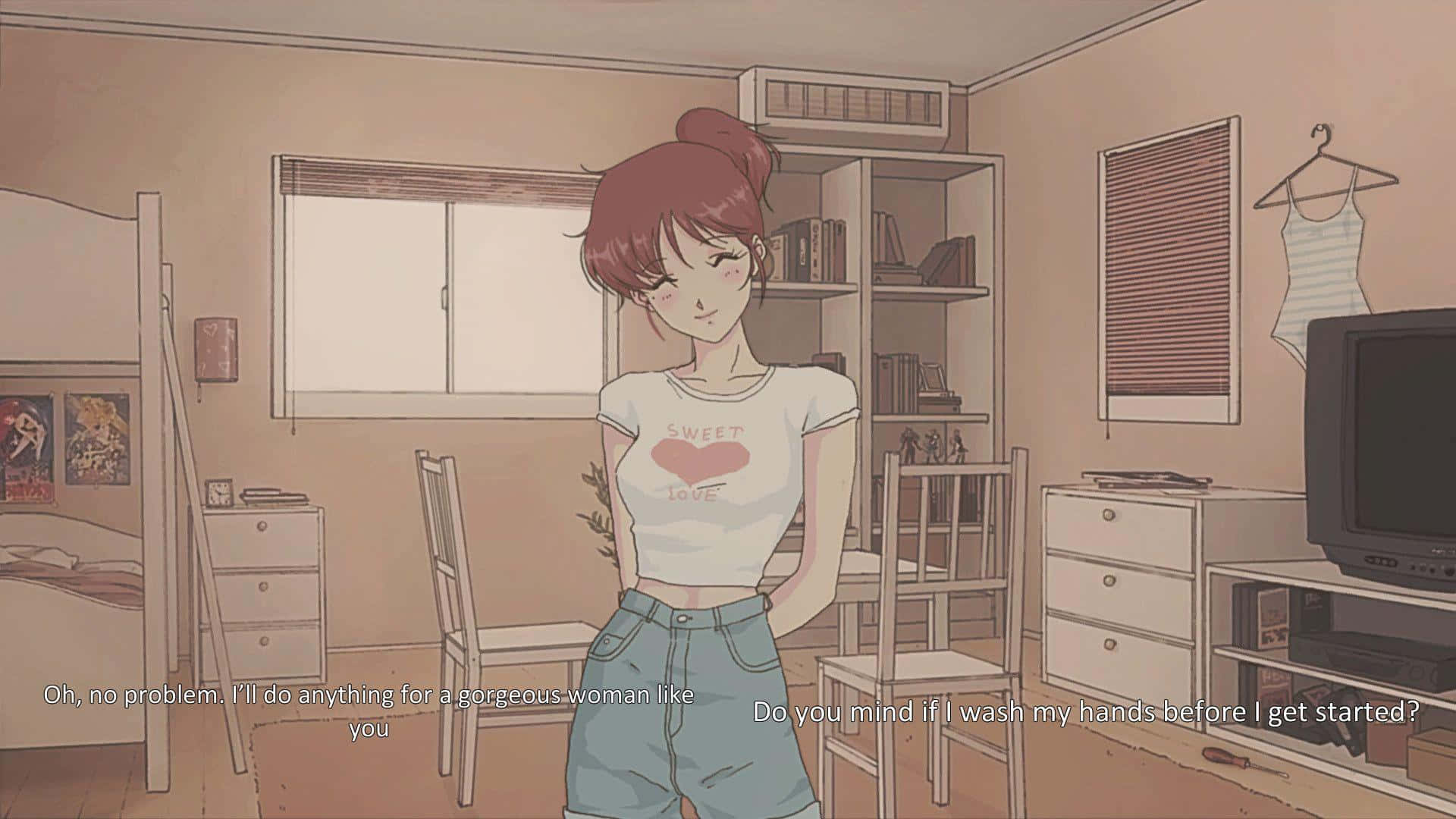 復古動畫微笑女孩 壁紙 — 一位紅髮的年輕動漫女孩站在一個溫馨的臥室裡，光線柔和，家具復古。
