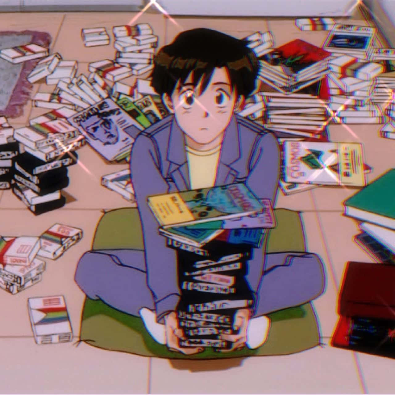 動畫男孩被書籍和卡式錄音帶包圍在瓷磚地板上，帶有發光效果。