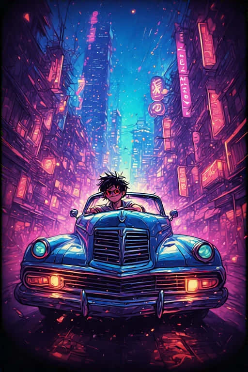 一個人在夜晚駕駛經典藍色汽車穿過充滿活力的霓虹燈城市小巷。