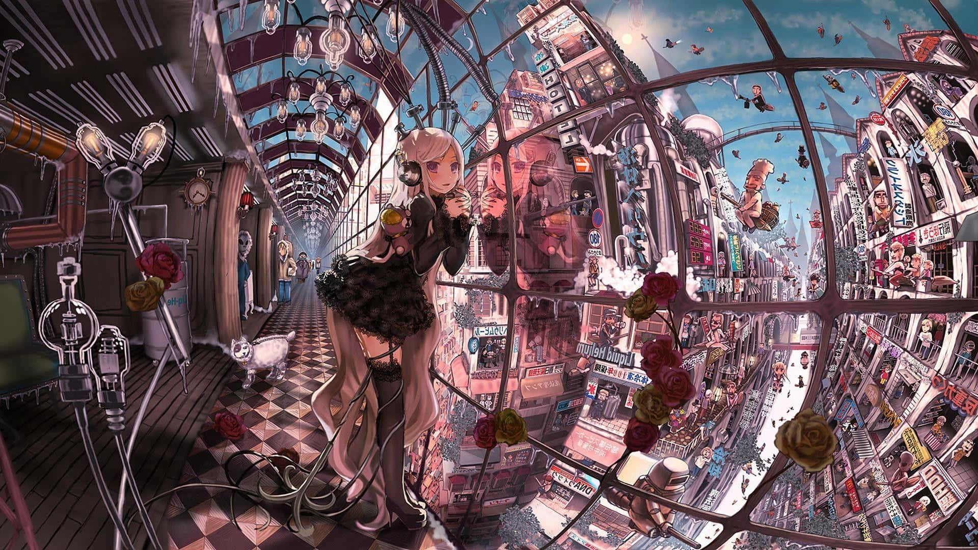 復古動畫黑衣女孩 壁紙 — 一個超現實的動漫女孩站在扭曲的玻璃走廊上，俯瞰著一個充滿玫瑰和復古科技的混亂浮動城市景觀。