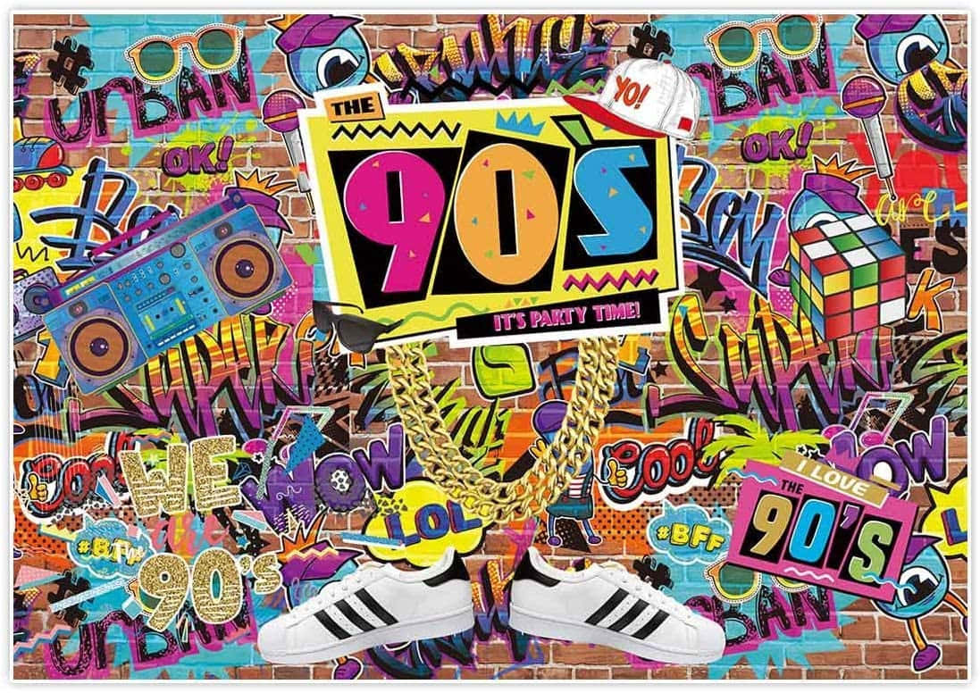 90年代復古塗鴉牆，配有手提音響、運動鞋和霓虹文字