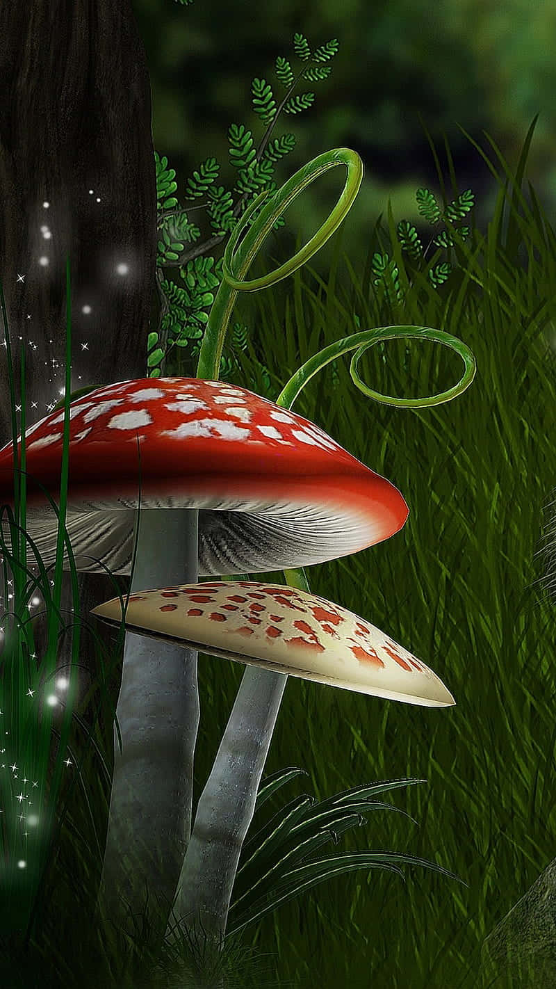 復古可愛蘑菇奇幻數位藝術 壁紙 — 發光的紅色和白色蘑菇，帶有捲曲的綠色藤蔓，在茂密的黑暗森林中生長，在柔和的魔法燈光下。