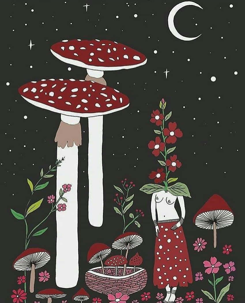 復古可愛蘑菇超現實藝術 壁紙 — 一個頭部為花朵的人站在巨型紅色蘑菇之間，背景有新月和星星的奇幻插圖。
