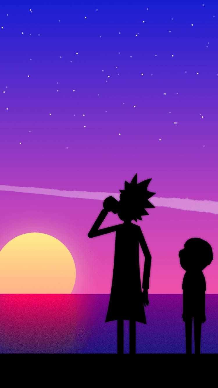 瑞克和莫蒂在色彩繽紛的日落和星空下的剪影。