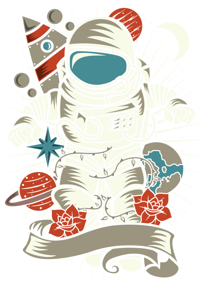 復古太空冒險插畫 壁紙 — 一個風格化的白色太空衣太空人站在黑色星空背景中，周圍有行星、火箭和紅玫瑰等宇宙元素。