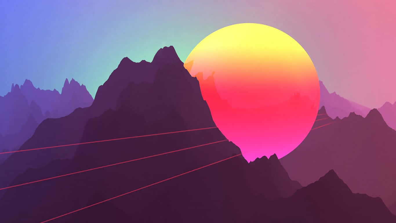 復古太陽 1366x768 監視器背景 壁紙 — 一個風格化的復古日落，紫色山脈和粉紅色激光束上方有一個巨大的漸變太陽。