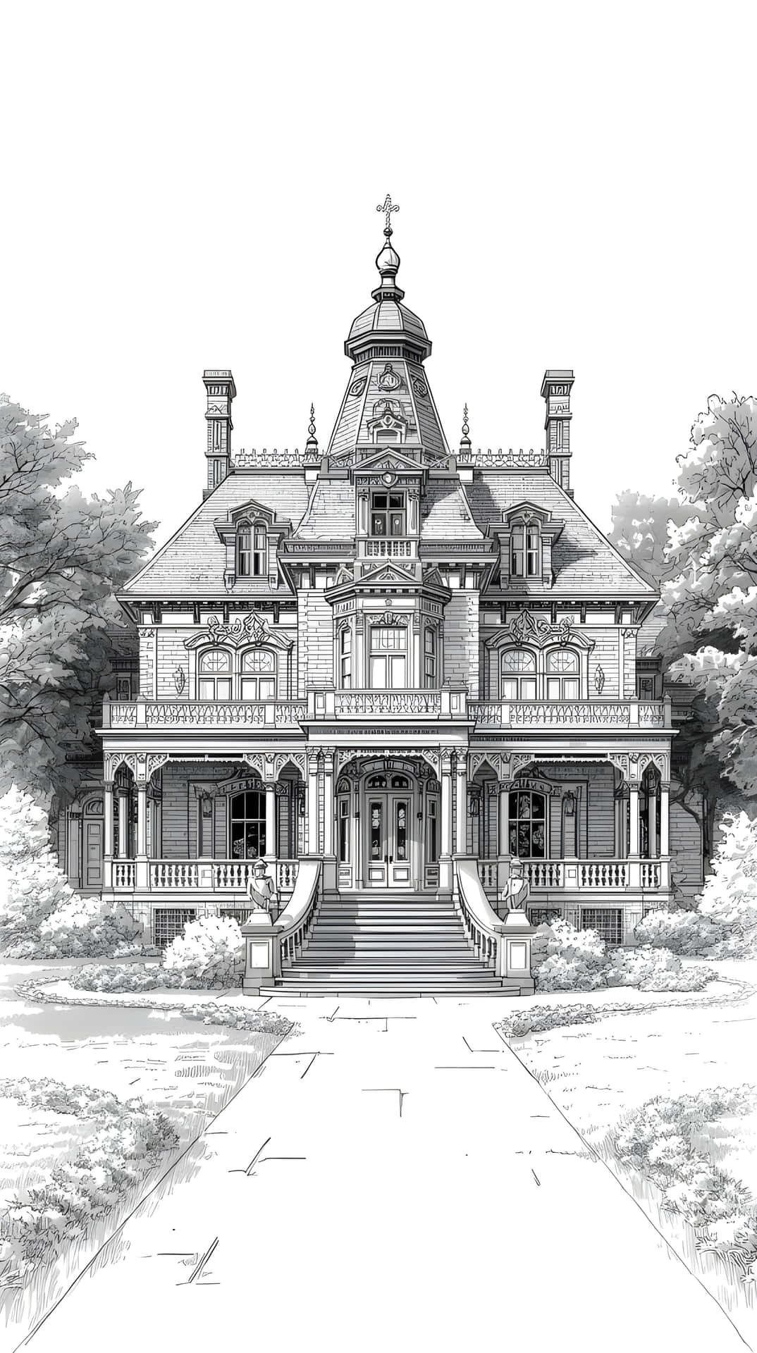 一幅詳細的黑白素描，描繪了一座帶有塔樓和陽台的維多利亞式大宅，四周樹木環繞。