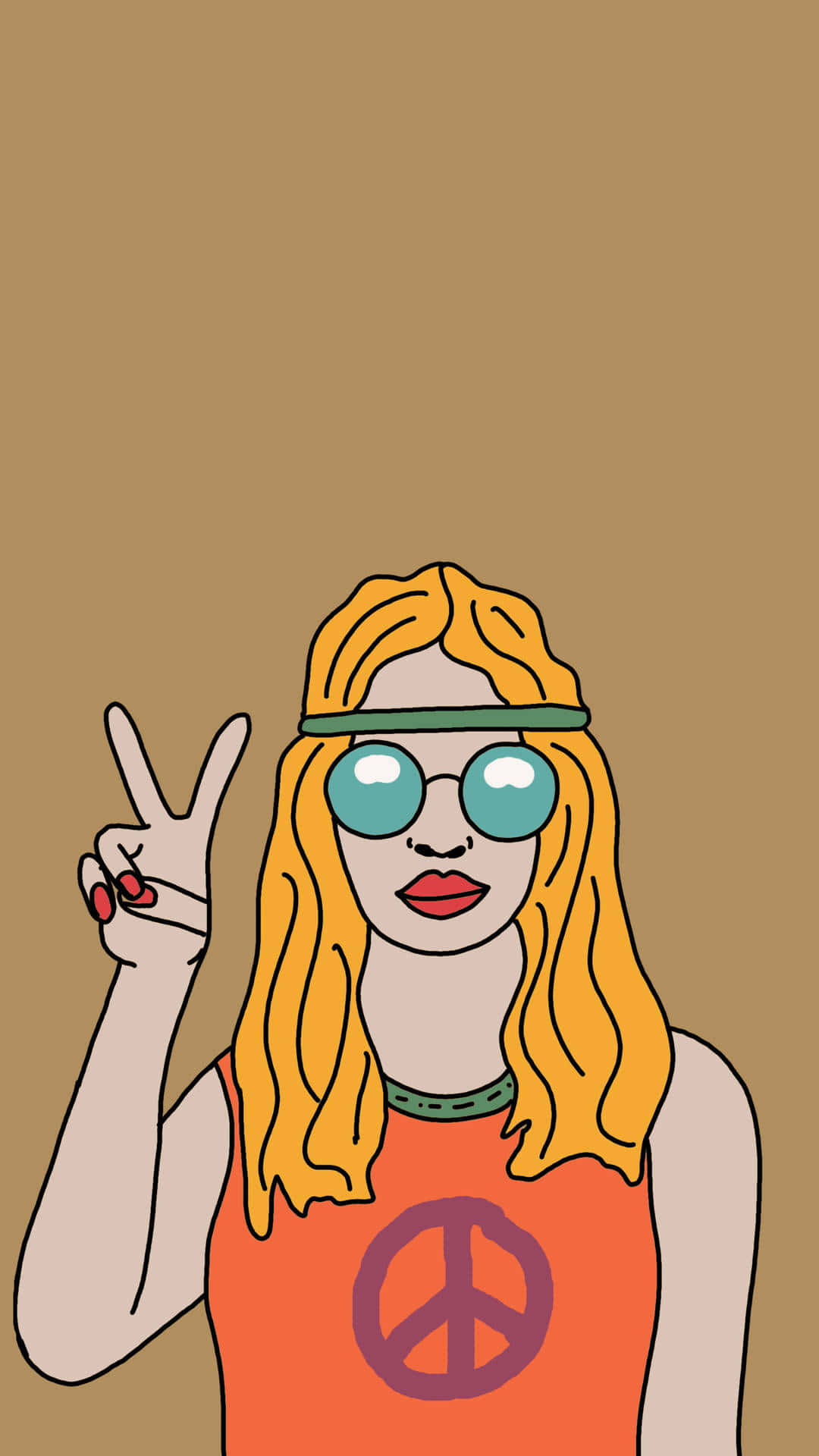 復古嬉皮風女孩向量藝術 壁紙 — 一個風格化的插圖，描繪一位金髮女性戴著太陽眼鏡，穿著和平標誌T恤，做出和平手勢。