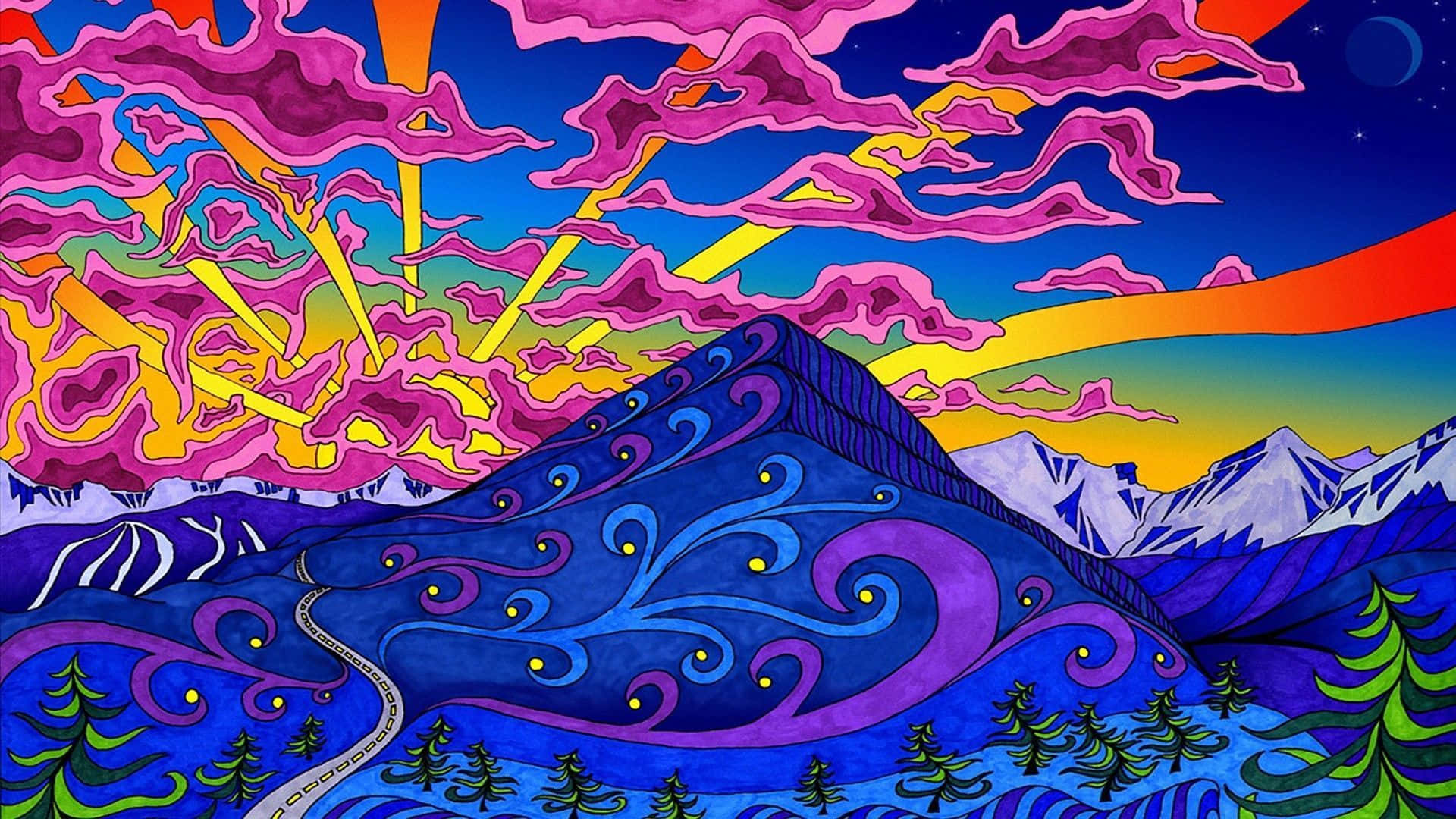 復古嬉皮風山景藝術 壁紙 — 充滿活力的迷幻山景，紫色雲霧繚繞，金色陽光灑落在白雪覆蓋的山峰上。