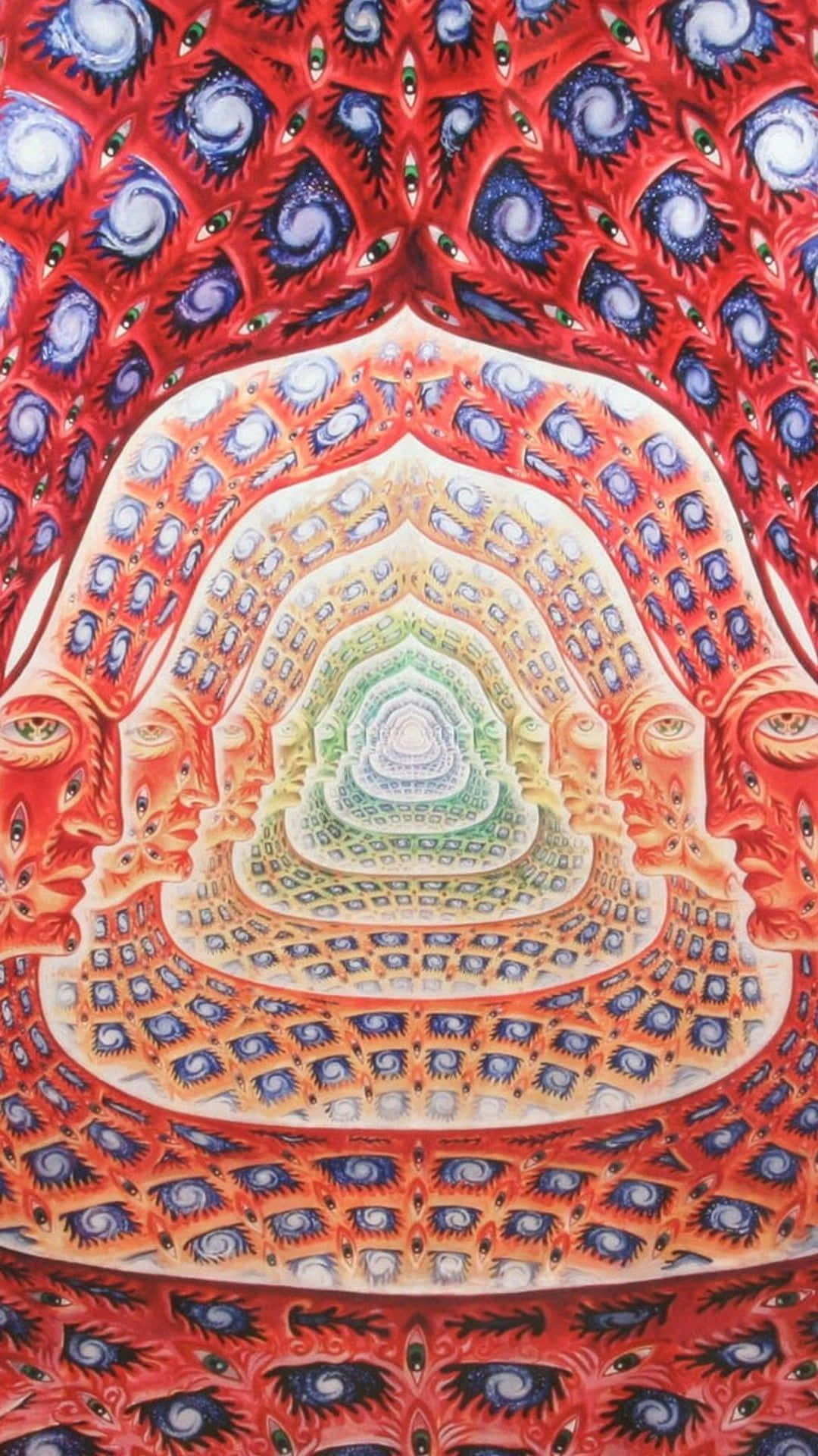 復古嬉皮風迷幻肖像壁紙 壁紙 — 一個萬花筒般的隧道，重複的眼睛狀圖案通過鮮豔的紅色、橙色和藍色向內螺旋，形成一個催眠的對稱漩渦。