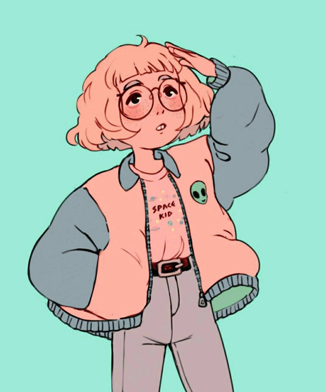 復古少女美學繪畫 壁紙 — 一個可愛的動漫風格女孩，擁有捲曲的粉紅色頭髮和眼鏡，穿著太空主題外套，在青綠色背景前敬禮。