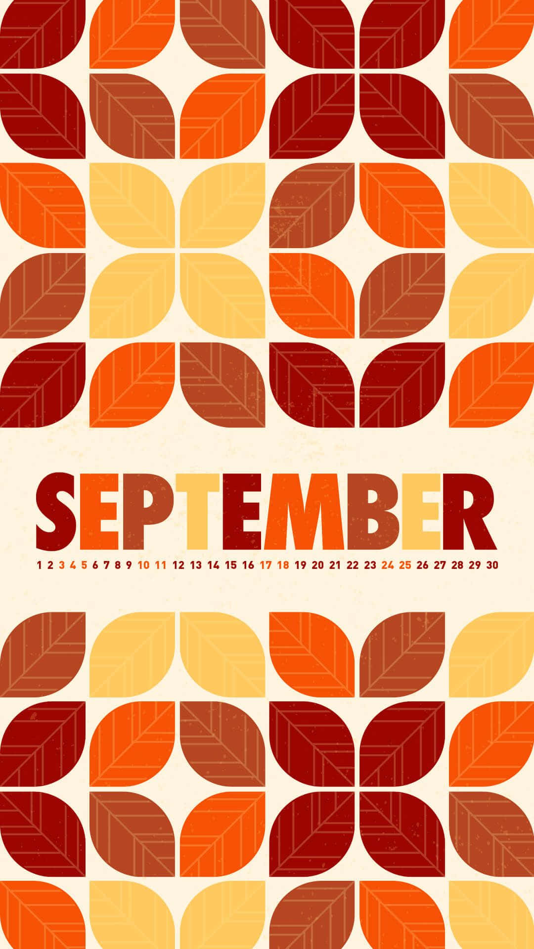 September iPhone 桌布 壁紙 — 復古幾何圖案牆紙，帶有重複的葉子圖案，採用溫暖的秋季色調和醒目的九月日曆。