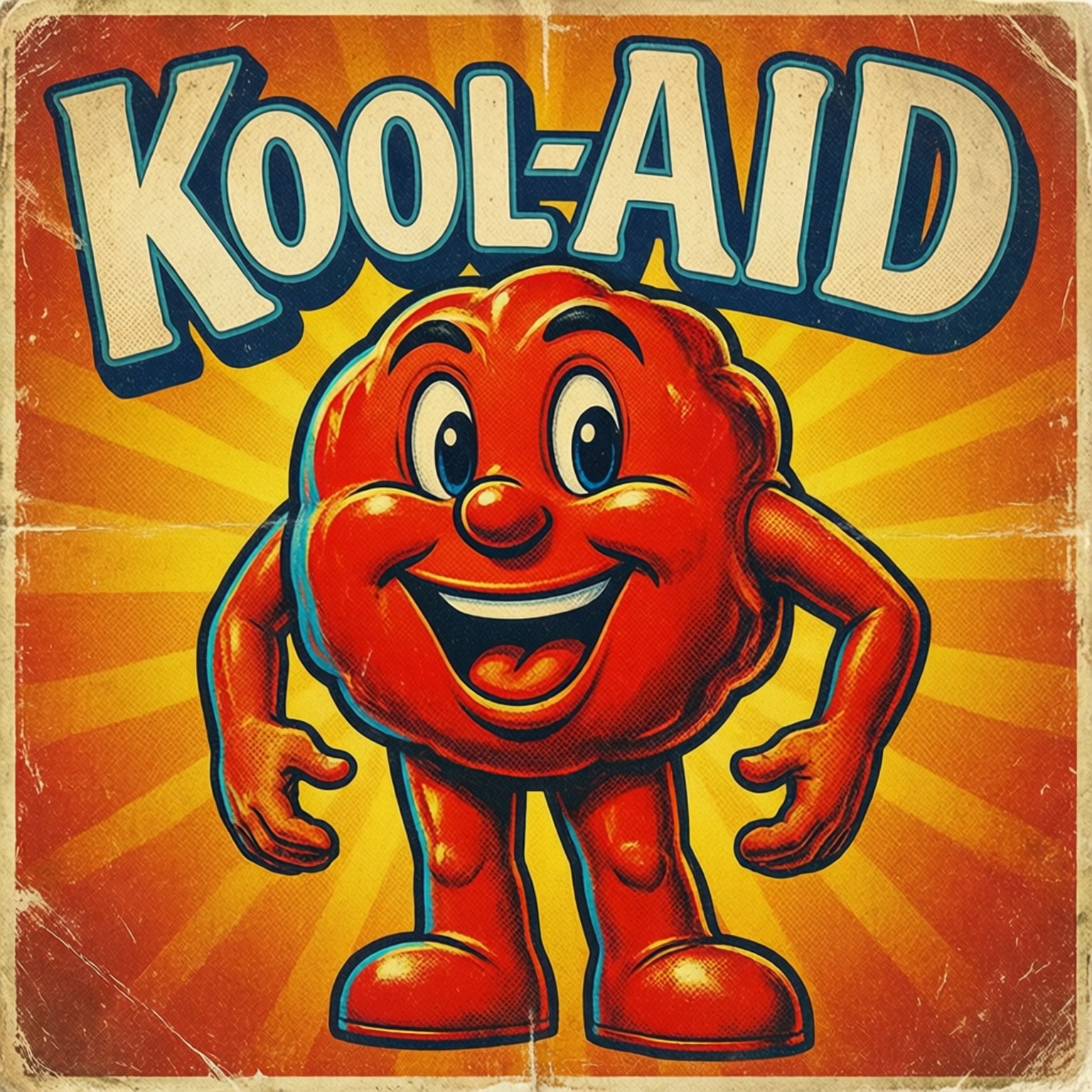 復古Kool-Aid吉祥物喺太陽光線背景上露齒大笑。