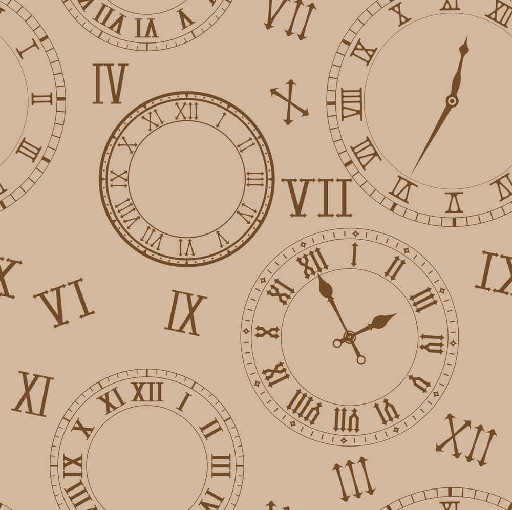 Clocks 桌布 壁紙 — 復古懷舊的棕褐色調牆紙圖案，散佈著帶有指針的羅馬數字時鐘和獨立數字。