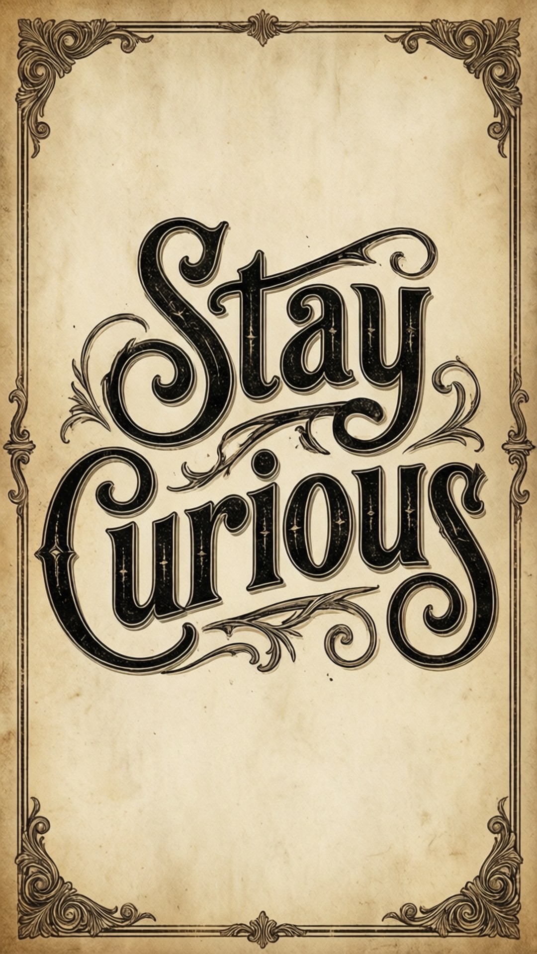 復古羊皮紙，帶有華麗黑色字體寫著「Stay Curious」，由裝飾角落框起。