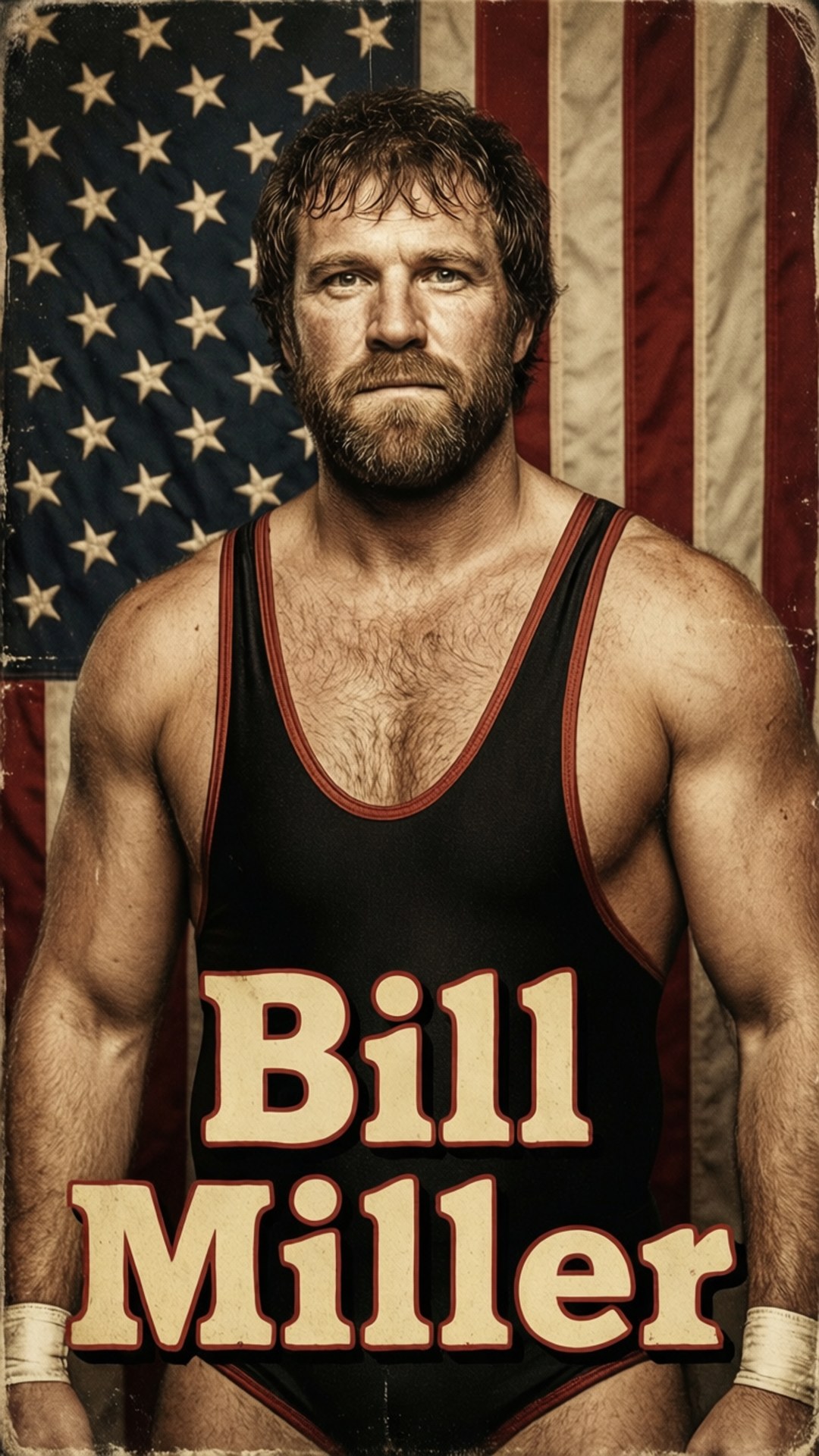 一位名叫 Bill Miller 的摔角手站在美國國旗前。