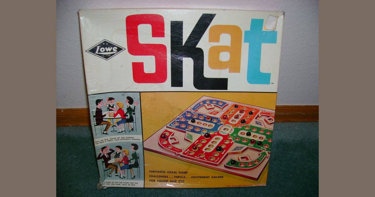 復古Skat棋盤遊戲盒，帶有插圖玩家和遊戲板。