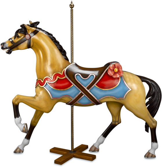 復古旋轉木馬馬匹插畫 壁紙 — 一匹色彩鮮豔的旋轉木馬，金色皮毛、藍色馬鞍、紅色飾邊和一朵粉紅色的花，站在黑色背景的木柱上。