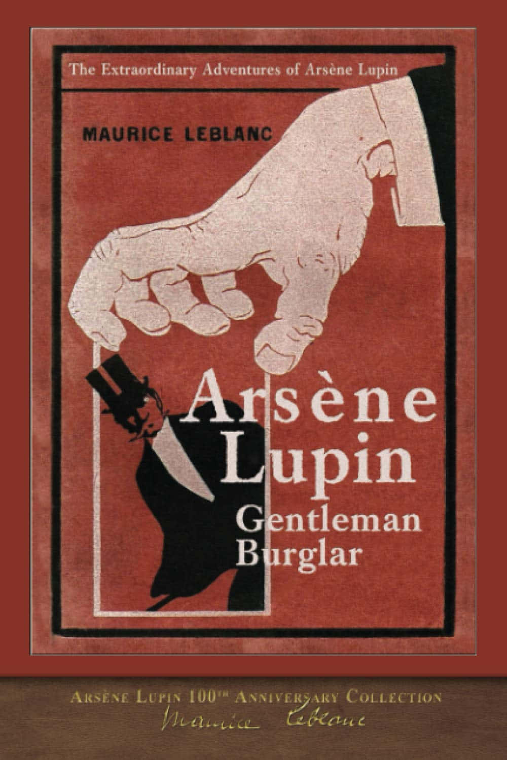 Arsène Lupin 桌布 壁紙 — 復古書籍封面藝術展示一隻戴白手套的手，在深紅色背景上將匕首高舉於一個剪影人物之上。