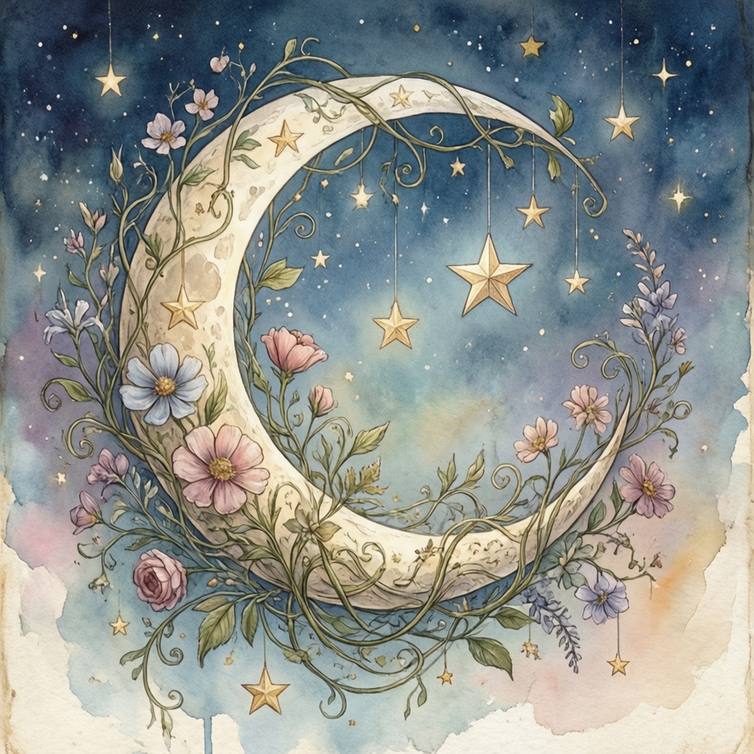 新月被藤蔓和花朵纏繞，懸掛的星星映襯著柔和的夜空。